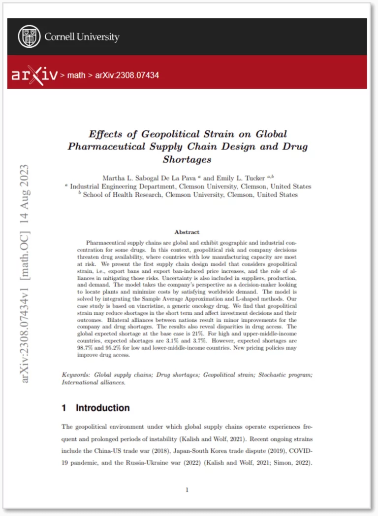 Effects of Geopolitical strain on global pharmaceutical Supply chain design and drug shortages